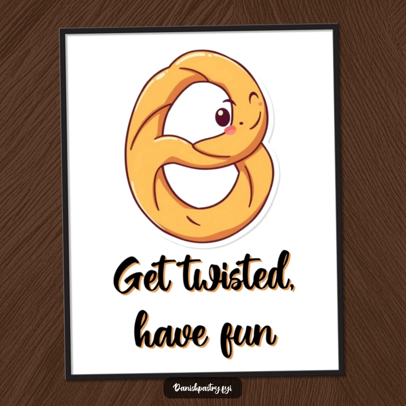 Funny free printable wall art depicting a happy pretzel with a grin, spinning playfully on its loops, quirky decor.