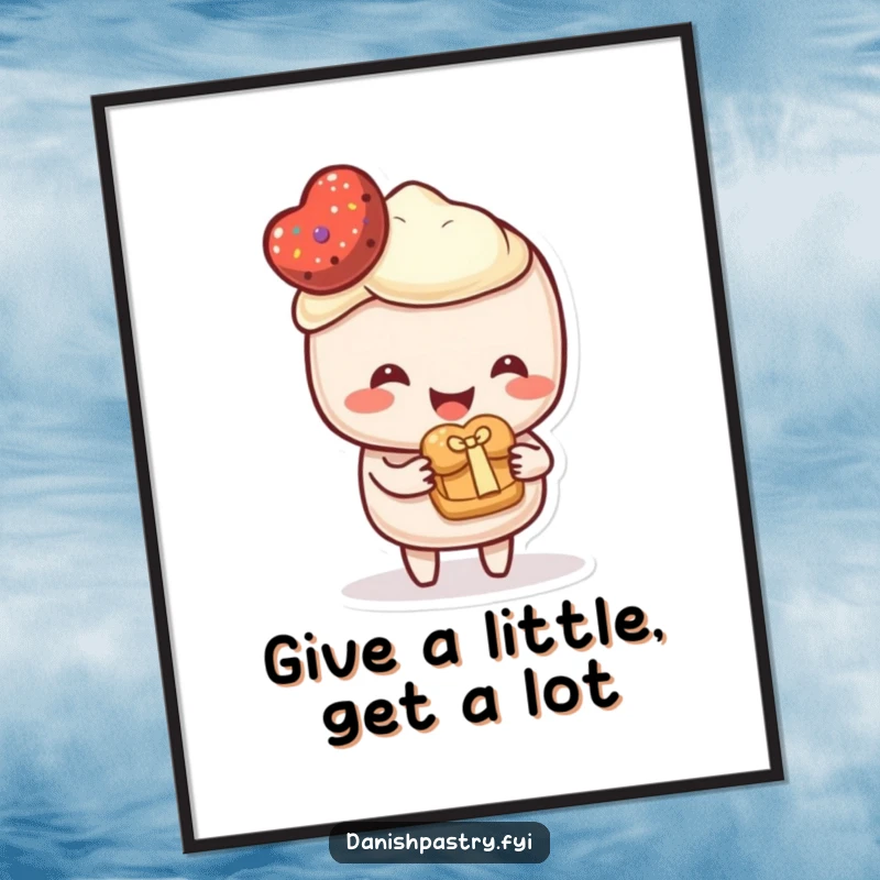 Funny Free Printable Wall Art of a happy pastry character holding out a tiny, perfectly formed pastry as a sweet gift.