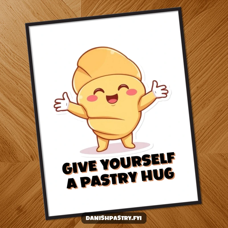 Funny free printable wall art of a smiling croissant character offering a warm, comforting pastry hug.