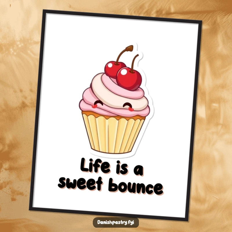 Funny Free Printable Wall Art featuring a delighted cupcake bouncing a large cherry, adding playful decor.