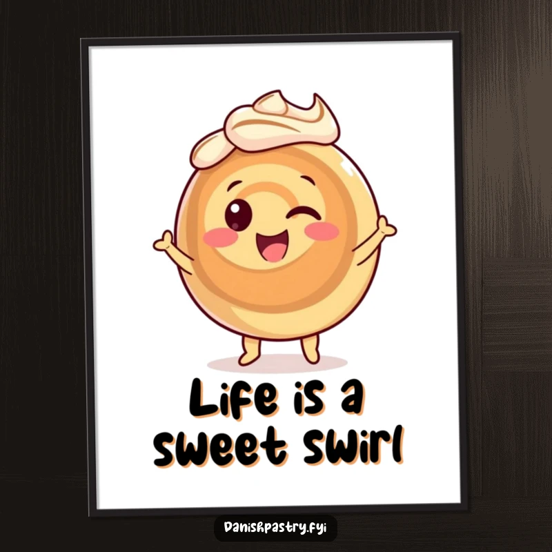 Funny Free Printable Wall Art: Smiling cinnamon roll character in a cheerful dance pose, icing swirling, ideal for kitchen decor.