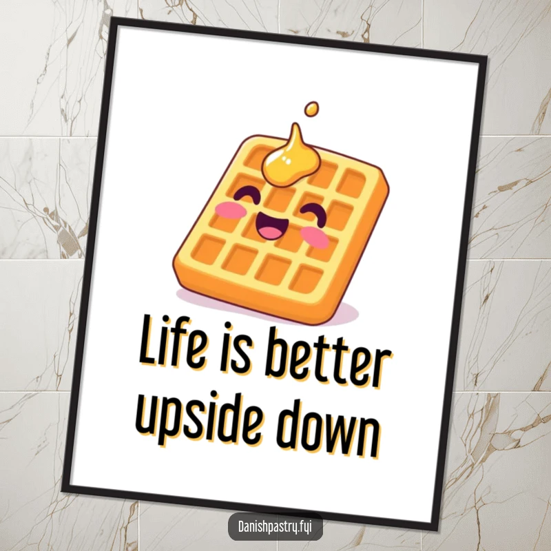 Funny free printable wall art of a delighted waffle with syrup grinning upside down, perfect for kitchens.
