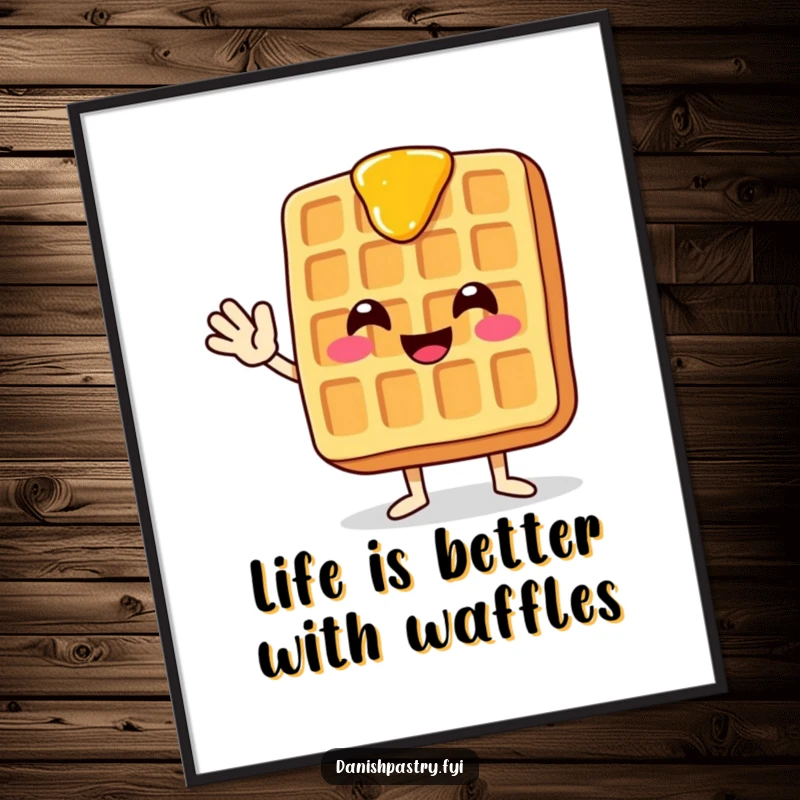 Funny Free Printable Wall Art of a smiling waffle with dripping syrup, enthusiastically waving hello.