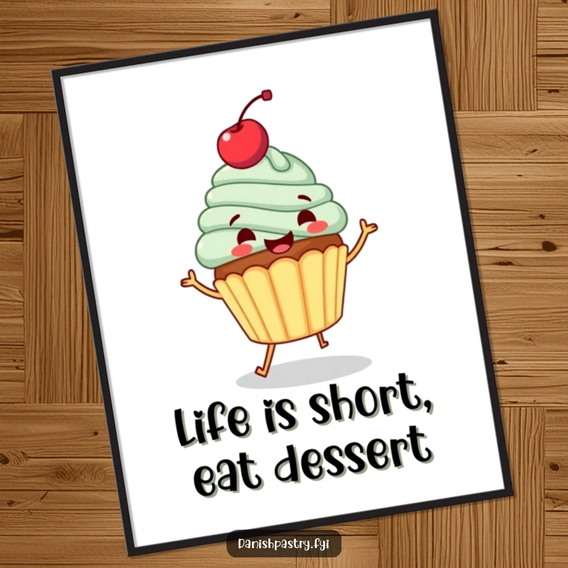 Funny free printable wall art of a gleeful cupcake with a cherry topping, doing a little jig, cheerful decor.