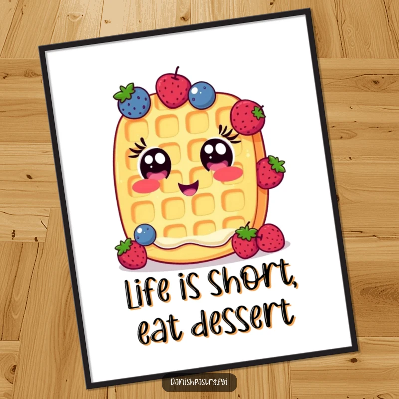 Funny Free Printable Wall Art: A cheerful waffle with wide eyes juggles small berries, adding a playful vibe.
