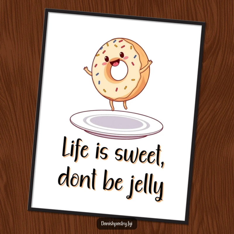 Funny Free Printable Wall Art: A cheerful donut with colorful sprinkles executes a perfect cartwheel on a plate.