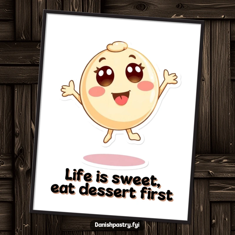 Funny Free Printable Wall Art of a round pastry character performing a joyous, energetic jump with wide, happy eyes.