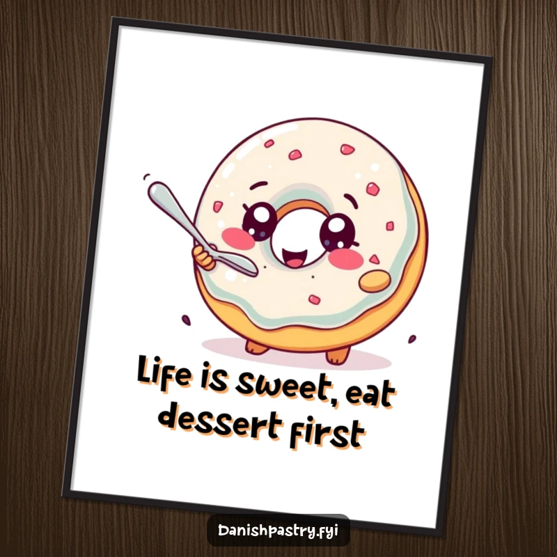 Funny Free Printable Wall Art: A delighted jelly donut with sparkling eyes humorously chases a tiny spoon, adding joy.
