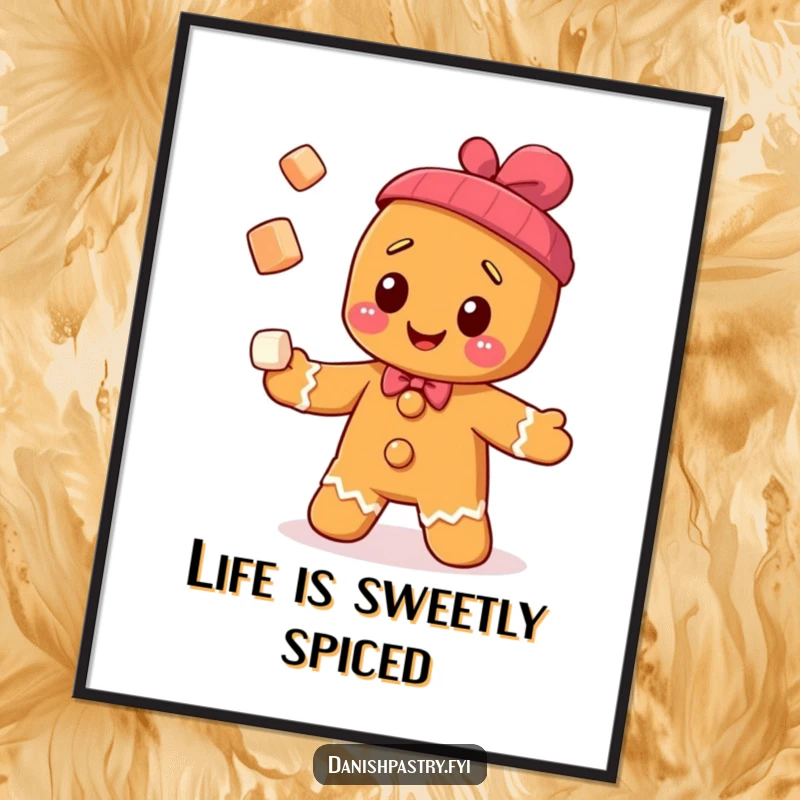 Funny free printable wall art of a cheerful gingerbread man skillfully juggling tiny, sparkling sugar cubes.