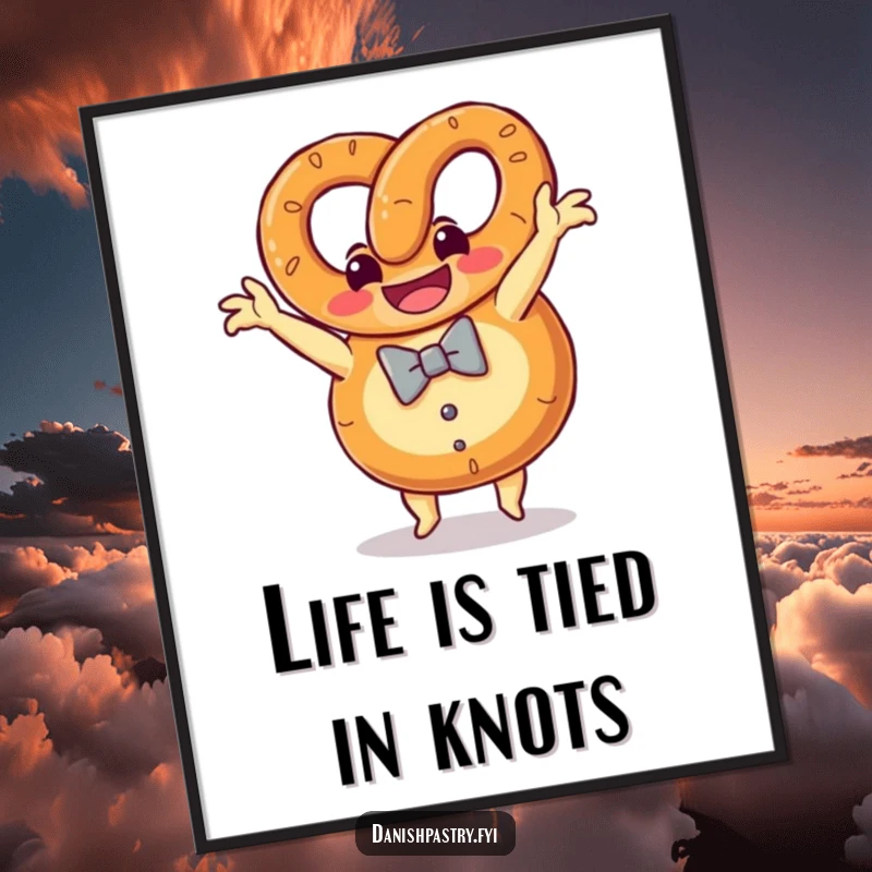 Funny Free Printable Wall Art of a grinning pretzel wearing a bow tie, doing a playful somersault.