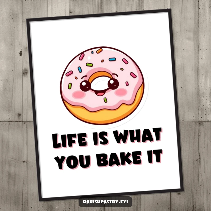 Funny Free Printable Wall Art: Cheerful donut character bouncing with wobbling sprinkles, a fun and colorful decor piece.