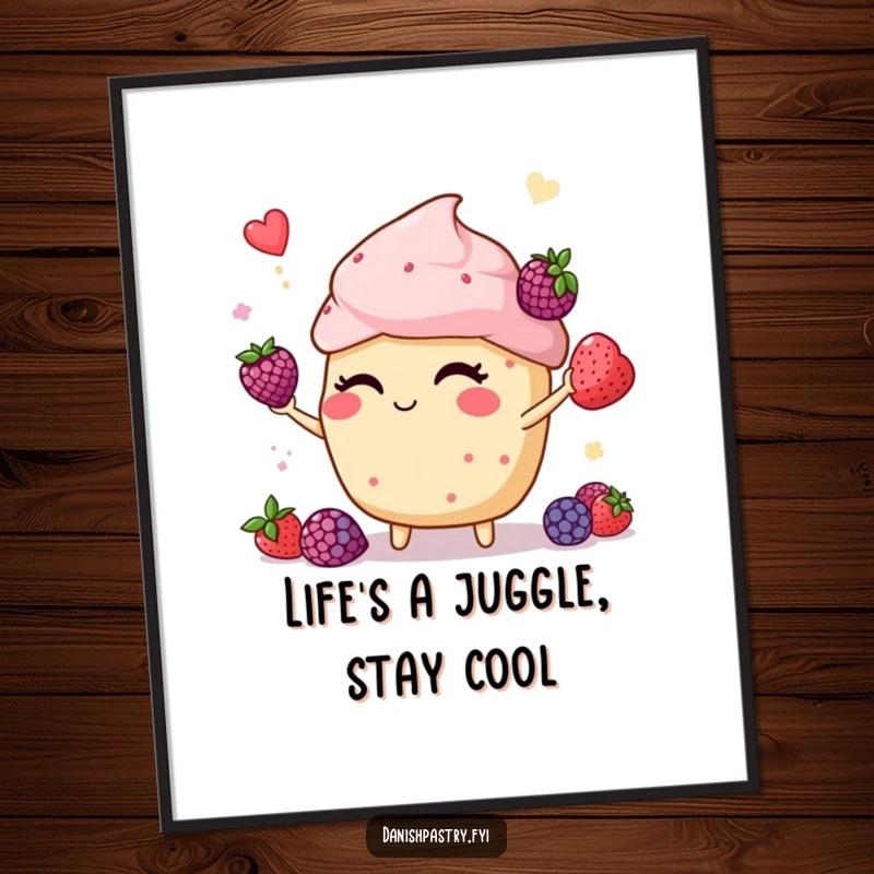 Funny free printable wall art of a winking muffin juggling berries, adding a playful and humorous element to any room.