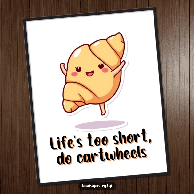 Funny free printable wall art of a cheerful croissant doing a cartwheel, adding dynamic and humorous flair to decor.