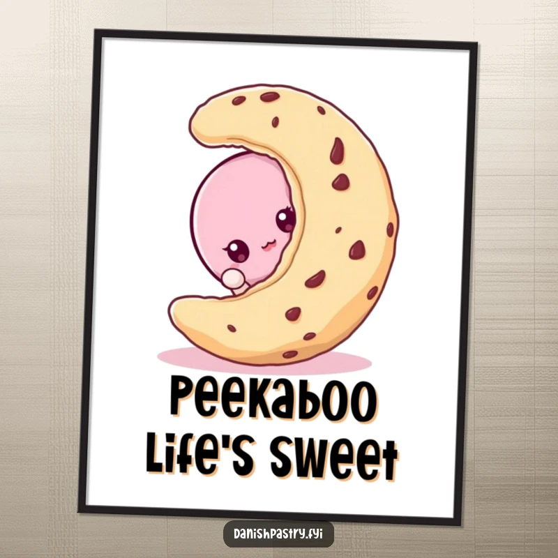 Funny Free Printable Wall Art: A cute macaroon character peeking playfully from behind a large cookie, adding a touch of curiosity.