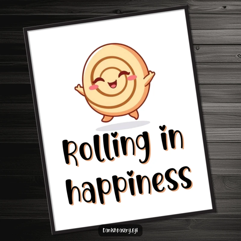 Funny Free Printable Wall Art: A cheerful cinnamon roll performs a happy little hop and winks, spreading sweet, infectious joy.