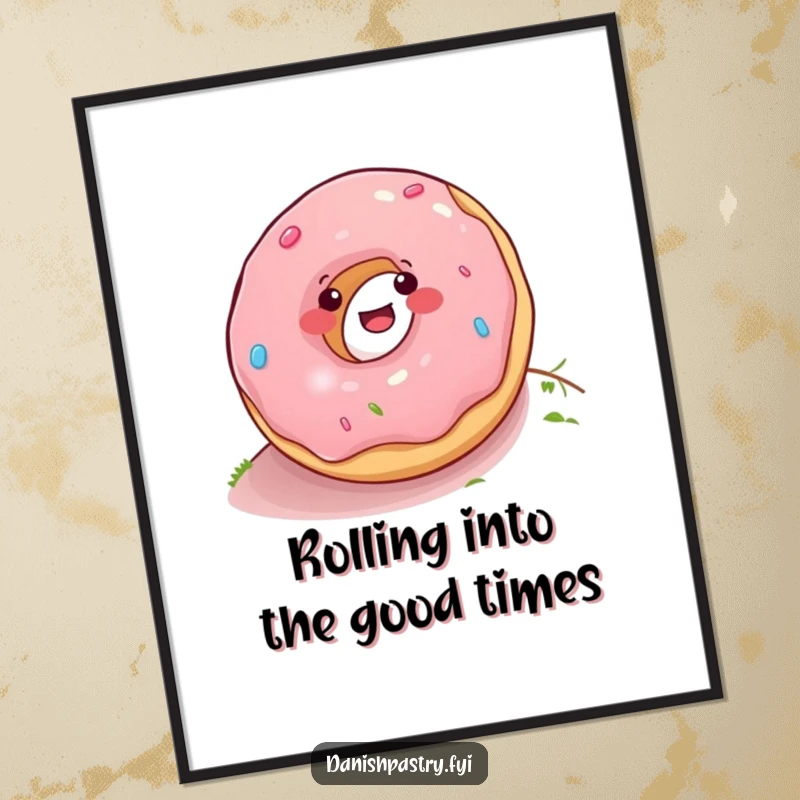 Funny free printable wall art of a cheerful donut rolling down a hill, bringing smiles and fun to any room.