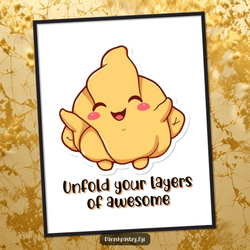 Funny Free Printable Wall Art: Happy croissant character joyfully displaying its flaky layers, perfect for a kitchen or cafe theme.