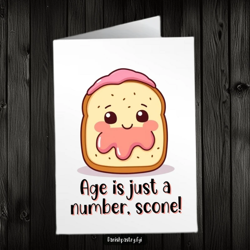 Funny Free Printable Birthday Card: Cute scone with jam, blushing shyly, waving hello for a delightful DIY greeting.