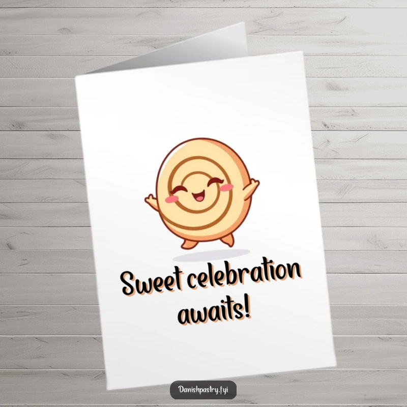 Funny Free Printable Birthday Card: A cheerful cinnamon roll does a happy hop and winks, celebrating a sweet birthday occasion.