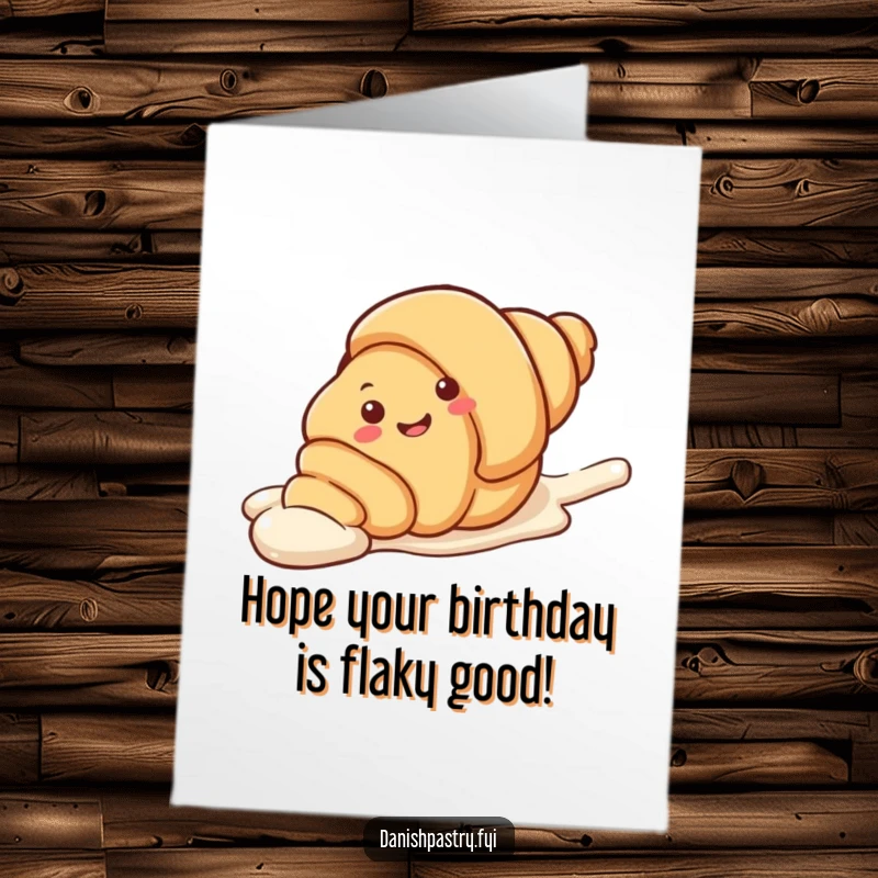 Funny Free Printable Birthday Card shows a smiling croissant character smoothly sliding on a whimsical streak of icing. Pure joy!