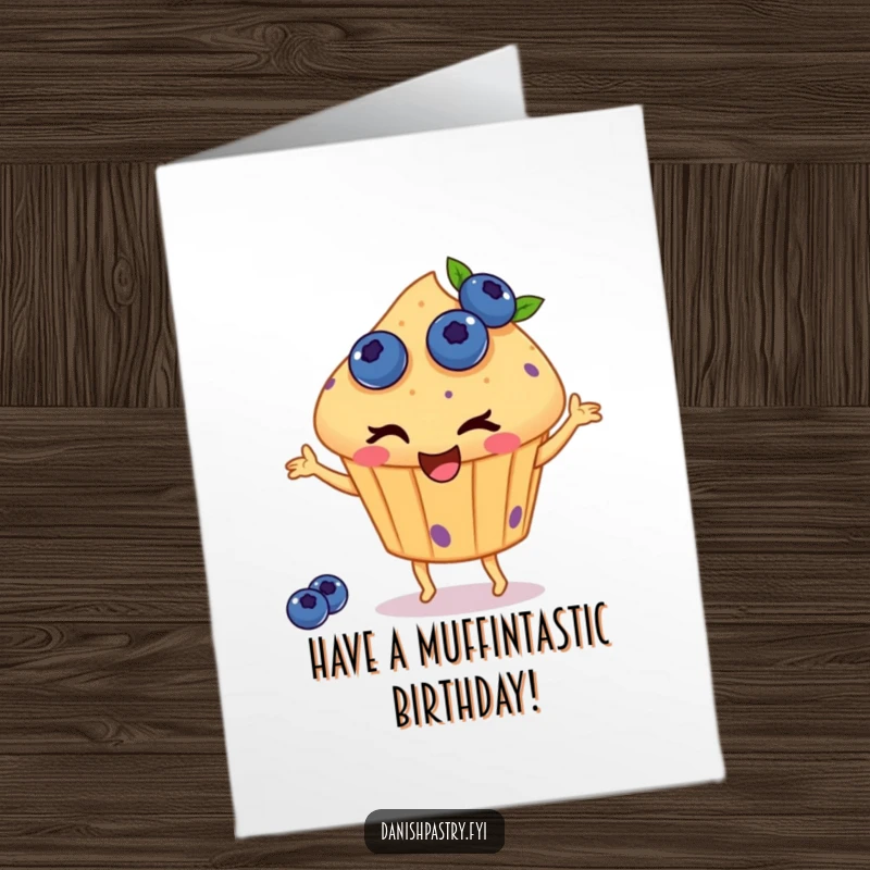 Funny Free Printable Birthday Card: A winking muffin with blueberries joyfully dances, spreading birthday cheer and happiness.