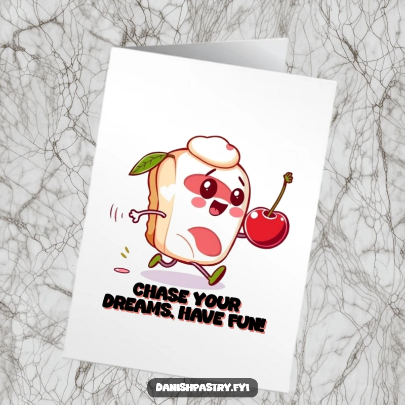 Funny Free Printable Birthday Card: Danish pastry character comically in pursuit of a runaway cherry, a whimsical download.