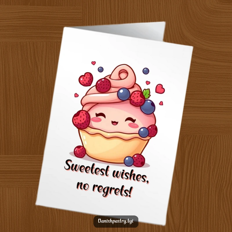 Funny Free Printable Birthday Card: Blushing Pastry Juggling Berries, Sweet & Hilarious DIY Gift