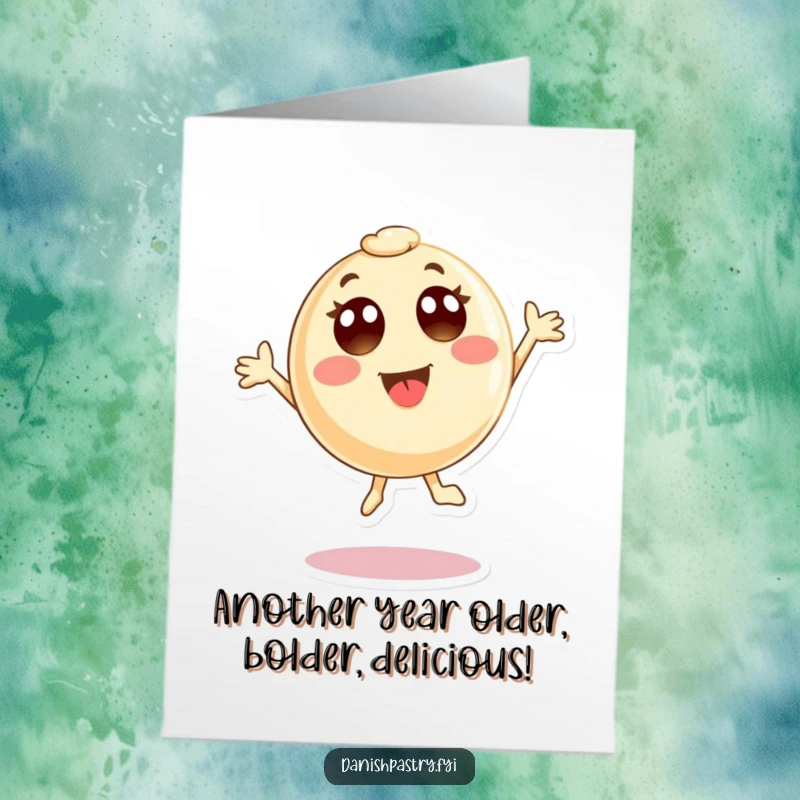 Funny Free Printable Birthday Card featuring a round pastry character jumping with wide-eyed excitement and joy.