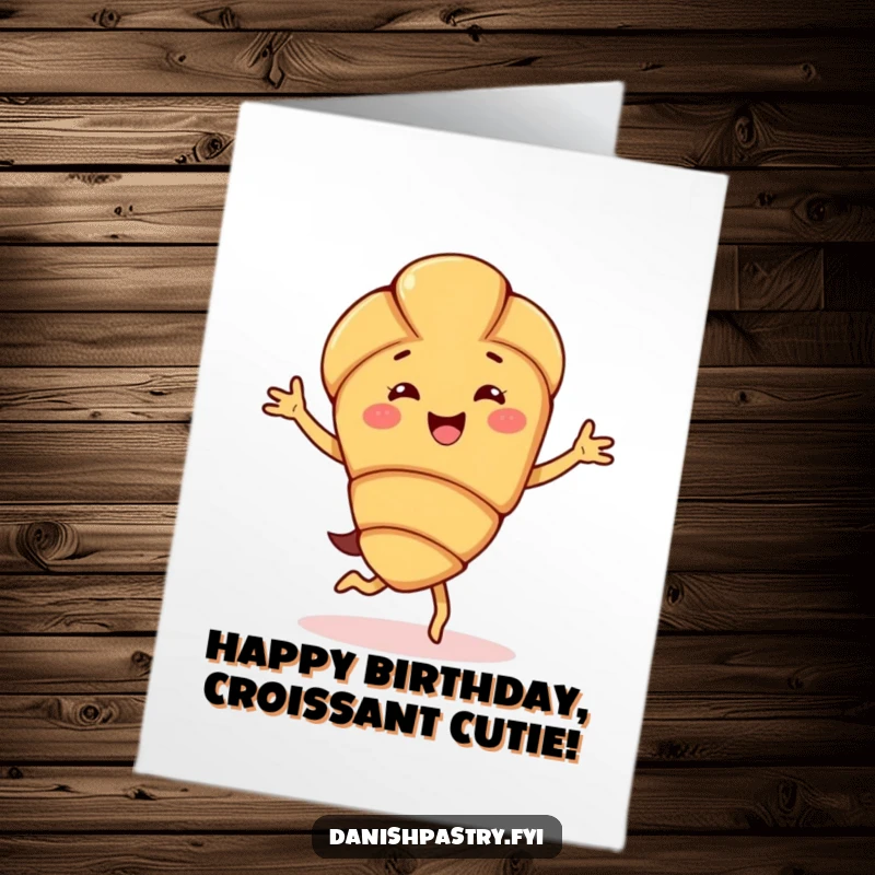 Funny Free Printable Birthday Card featuring a delighted almond croissant character doing a happy jig, celebrating with baked goods.