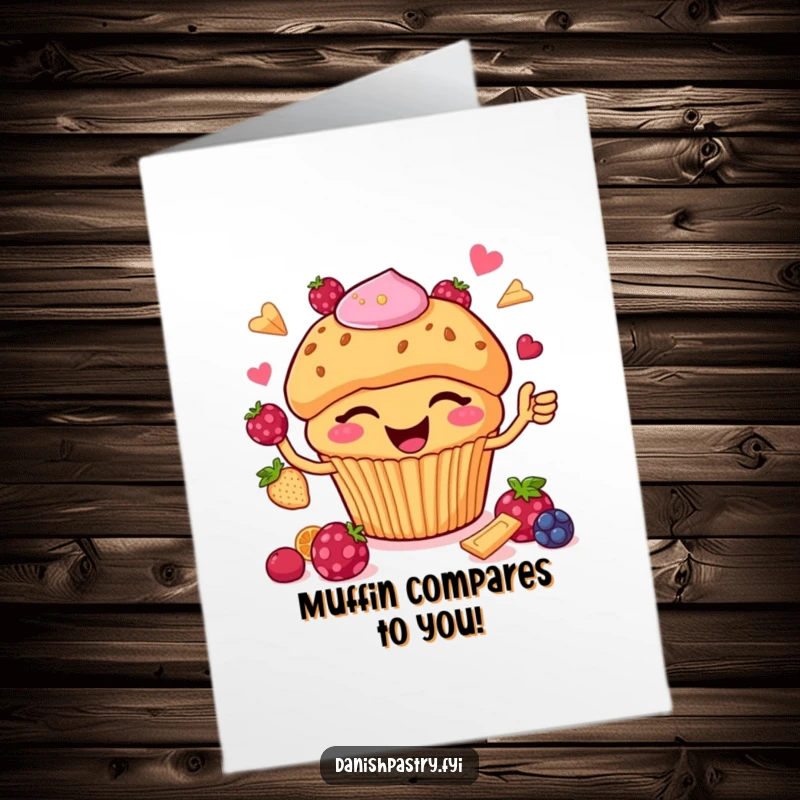 Funny Free Printable Birthday Card: A happy muffin with chips winks while skillfully juggling colorful berries.
