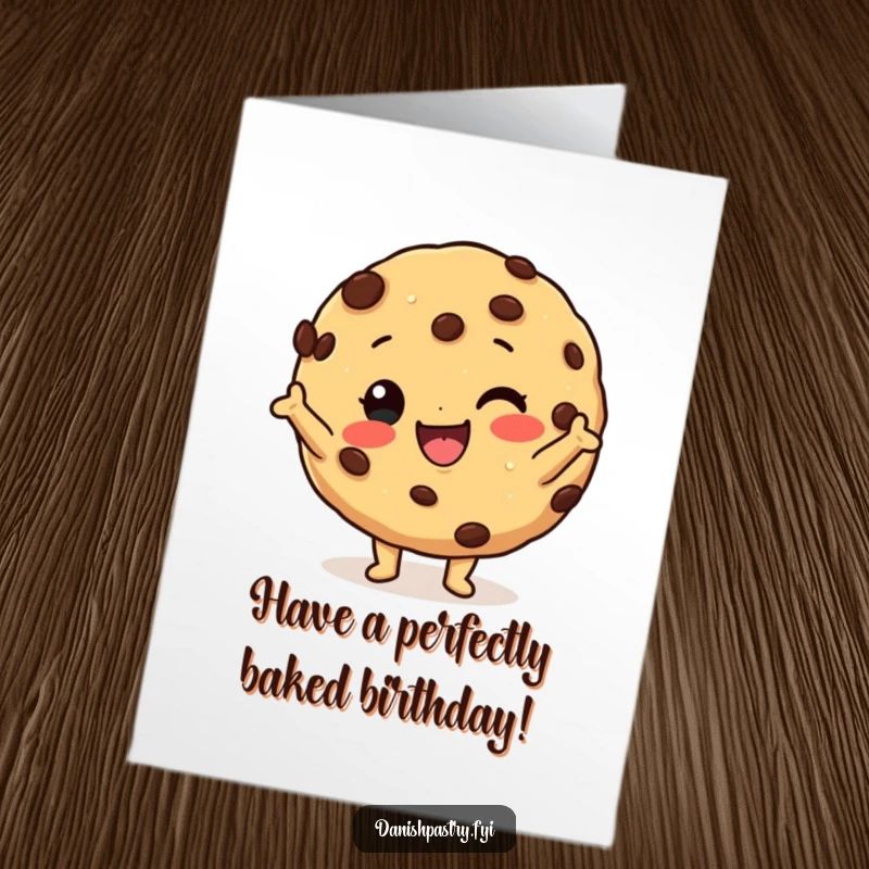 Funny free printable birthday card of a happy cookie with chocolate chips striking a silly pose, spreading cheer.