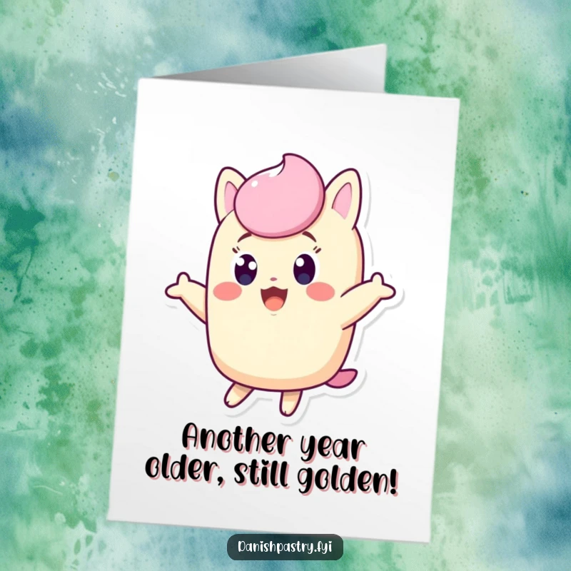 Funny Free Printable Birthday Card: Excited Twinkie character leaping with pure joy, a delightful downloadable greeting.