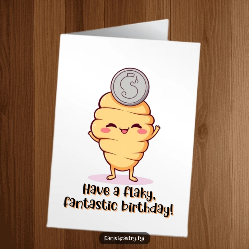 Funny Free Printable Birthday Card featuring a mischievous croissant character flipping a coin, a fun DIY gift.