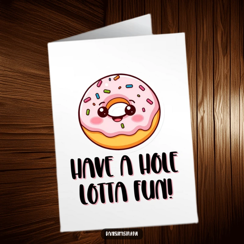 Funny Free Printable Birthday Card: Cheerful donut character bouncing playfully with wobbling sprinkles, spreading birthday cheer.