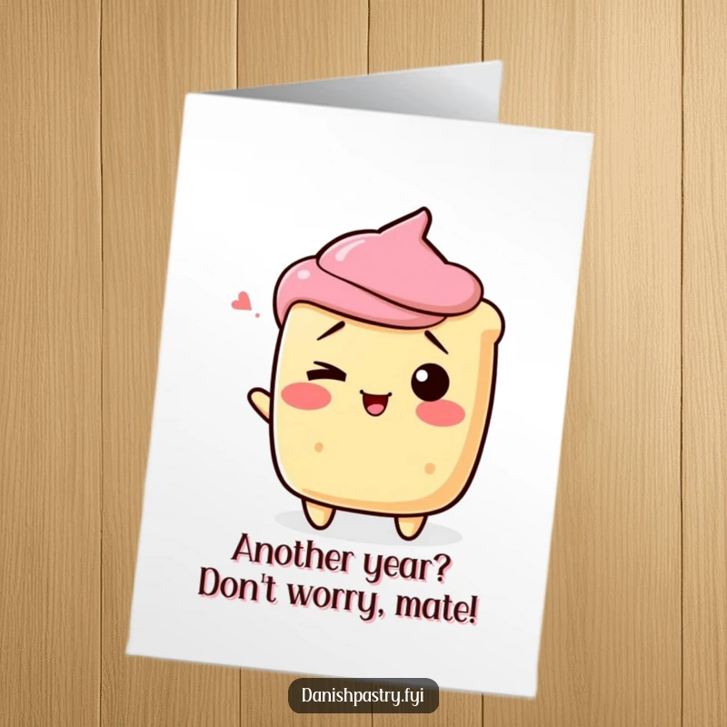 Funny Free Printable Birthday Card: A scone character playfully shrugging its shoulders and giving a charming wink.