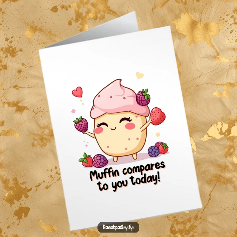 Funny free printable birthday card featuring a winking muffin skillfully juggling colorful berries with a playful expression.