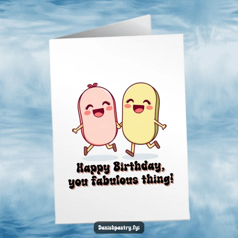 Funny Free Printable Birthday Card showing two happy macarons holding hands and skipping, celebrating a joyous occasion.