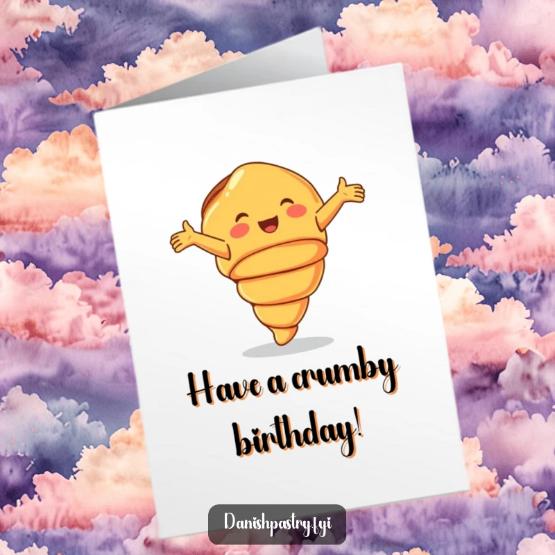 Funny Free Printable Birthday Card: A smiling croissant performs a joyful cartwheel with arms outstretched, celebrating a birthday.