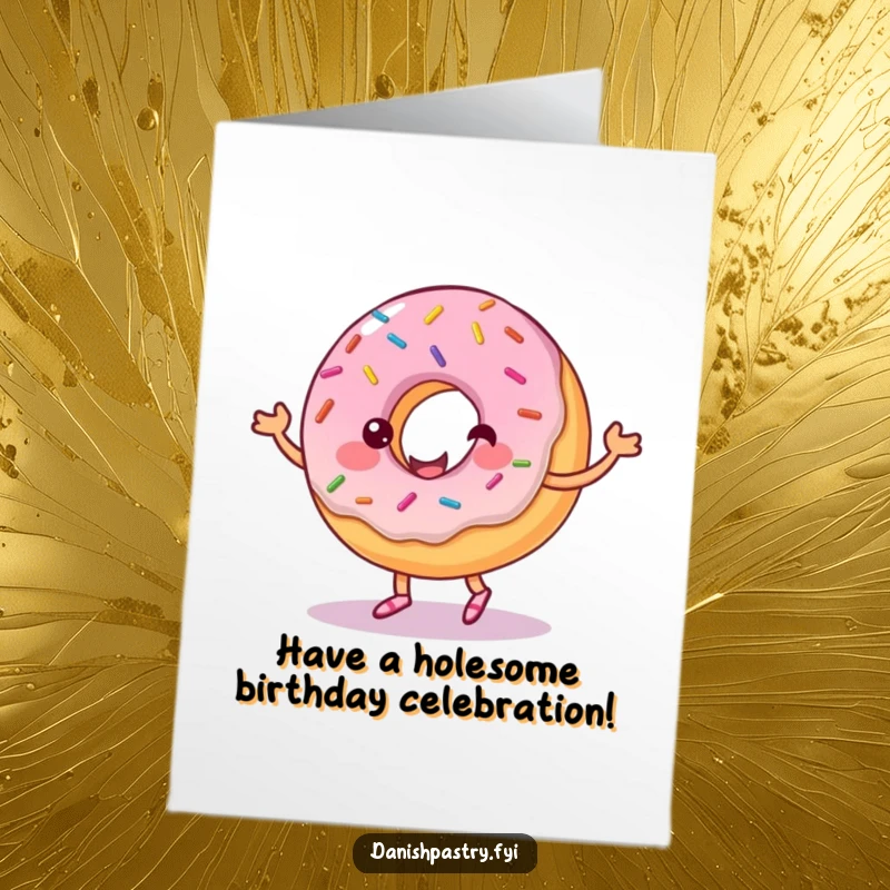 Funny free printable birthday card featuring a cheerful donut with sprinkles dancing with frosting, spreading birthday cheer.