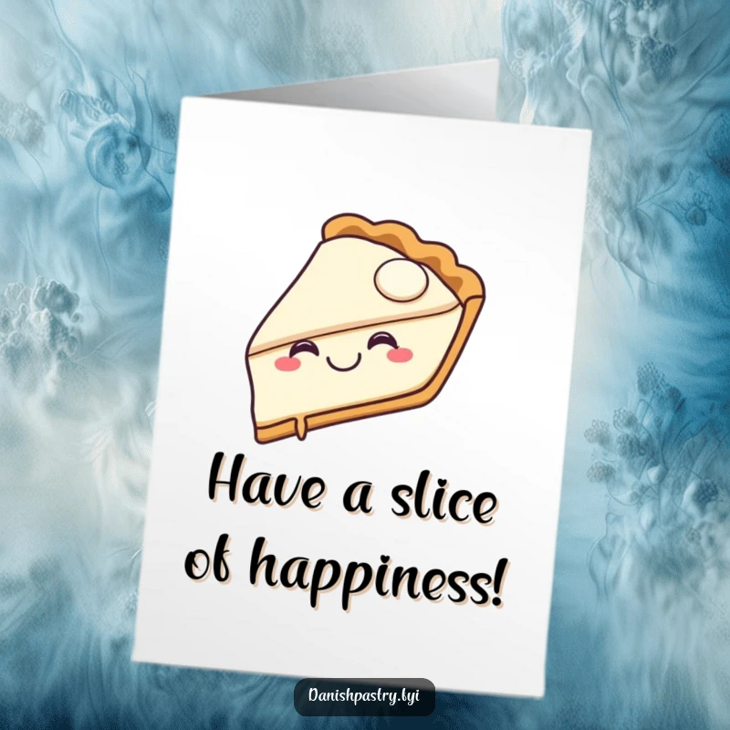 Funny free printable birthday card of a joyful pie slice with a happy grin taking a bite, bursting with cheer.