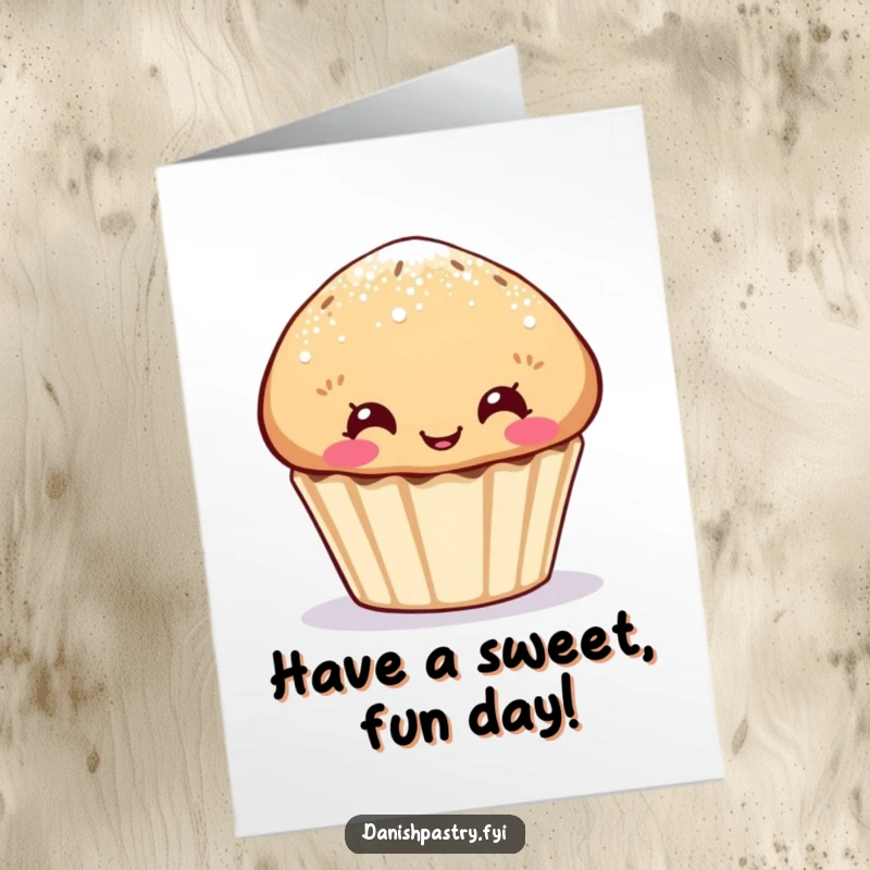 Funny Free Printable Birthday Card: Muffin character with sugar dusting, making a comical, puckered face, a cute downloadable.