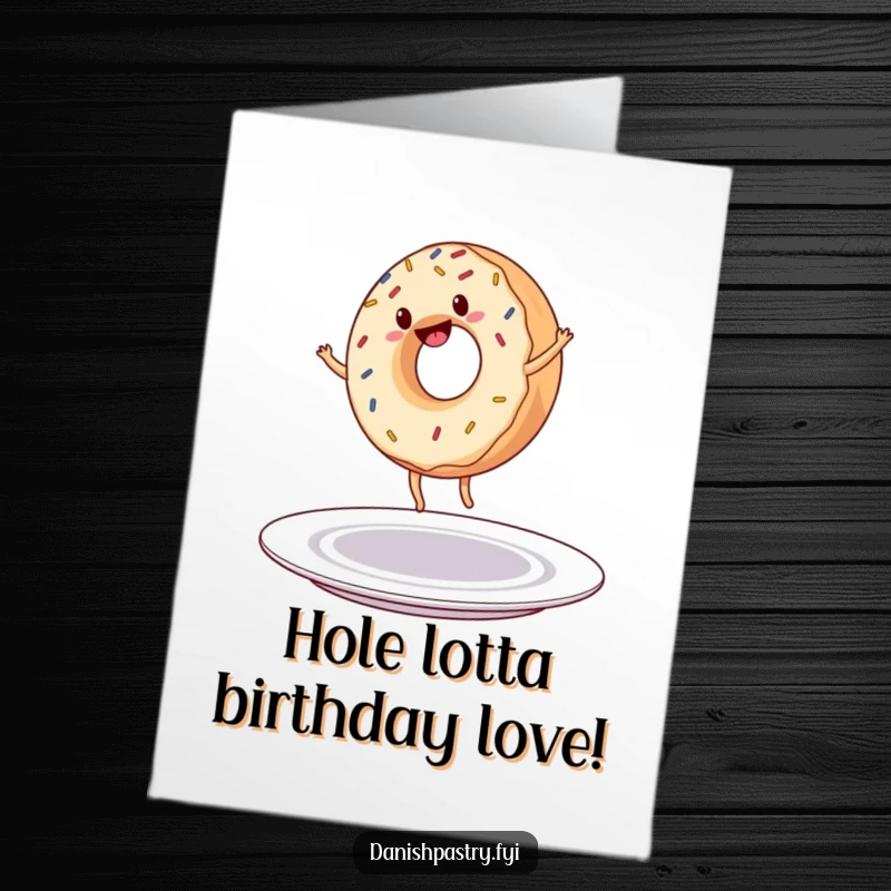 Funny Free Printable Birthday Card: A cheerful donut with sprinkles performs a cartwheel on a plate, celebrating.