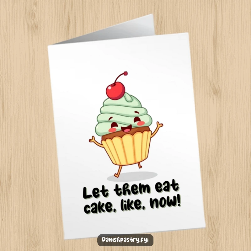 Funny free printable birthday card of a gleeful cupcake with a cherry, doing a happy jig to celebrate.