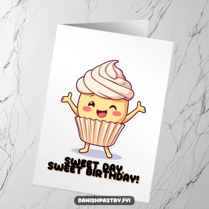 Funny Free Printable Birthday Card: A delighted cupcake with fluffy frosting performs a playful dance, celebrating.