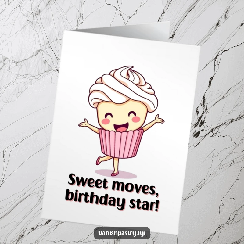 Funny Free Printable Birthday Card: A smiling cupcake with frosting hair doing a ballet pirouette with pure delight.