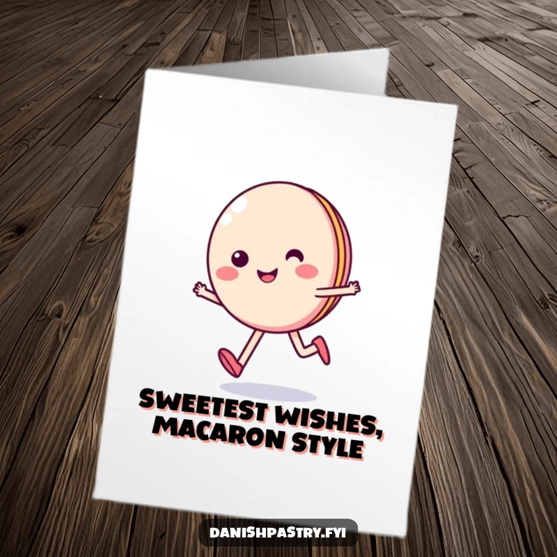Funny Free Printable Birthday Card: A smiling macaron skips with pure delight, conveying birthday cheer.