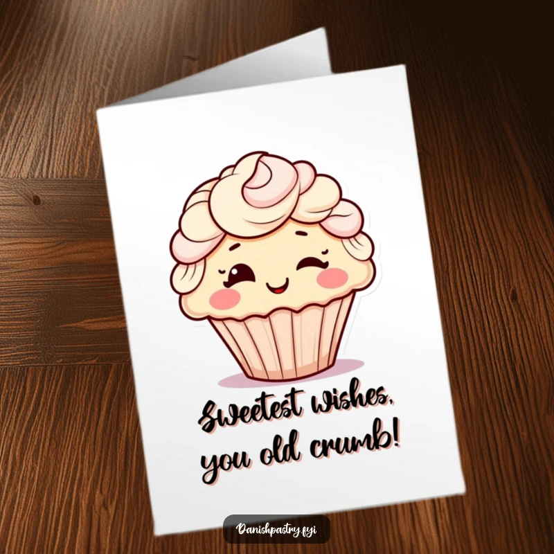 Funny Free Printable Birthday Card featuring a cheerful cupcake with frosting hair playfully winking, ready to bring birthday joy.