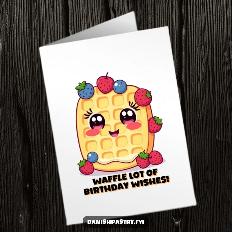 Funny Free Printable Birthday Card: A cheerful waffle with wide eyes skillfully juggles small berries, bringing smiles.