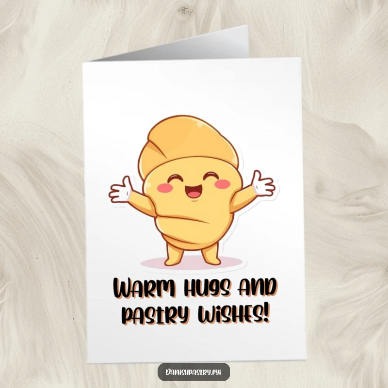 Funny free printable birthday card featuring a smiling croissant character offering a warm pastry hug with outstretched arms.