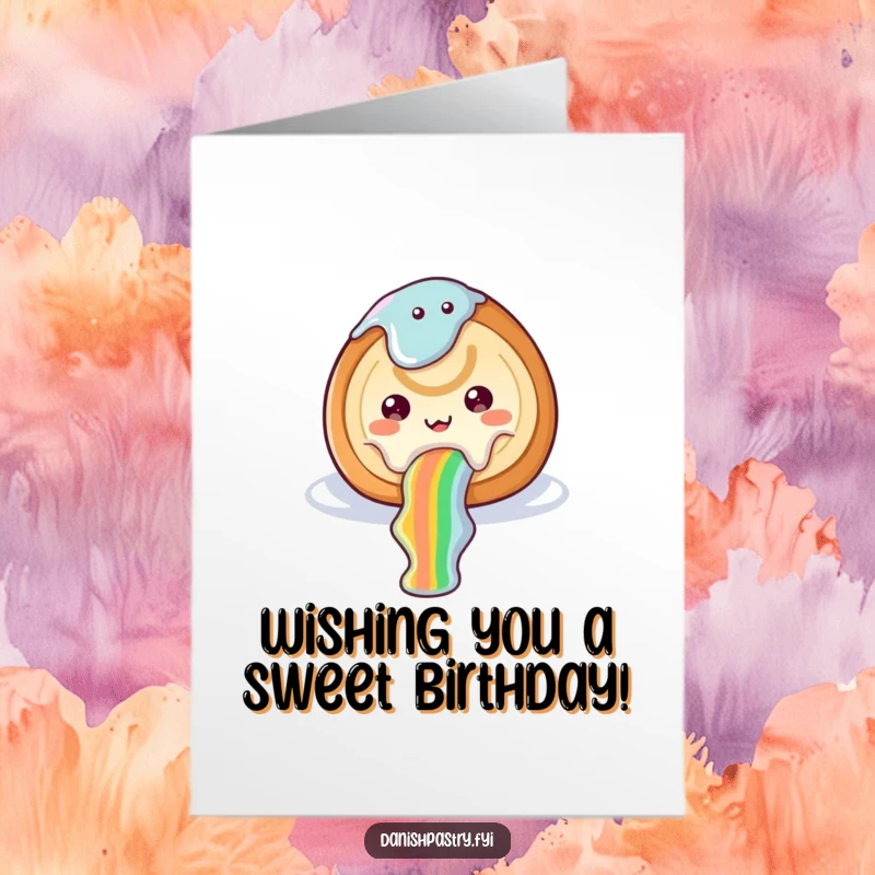 Funny free printable birthday card of a cheerful cinnamon roll with icing sliding down a rainbow, spreading joy.